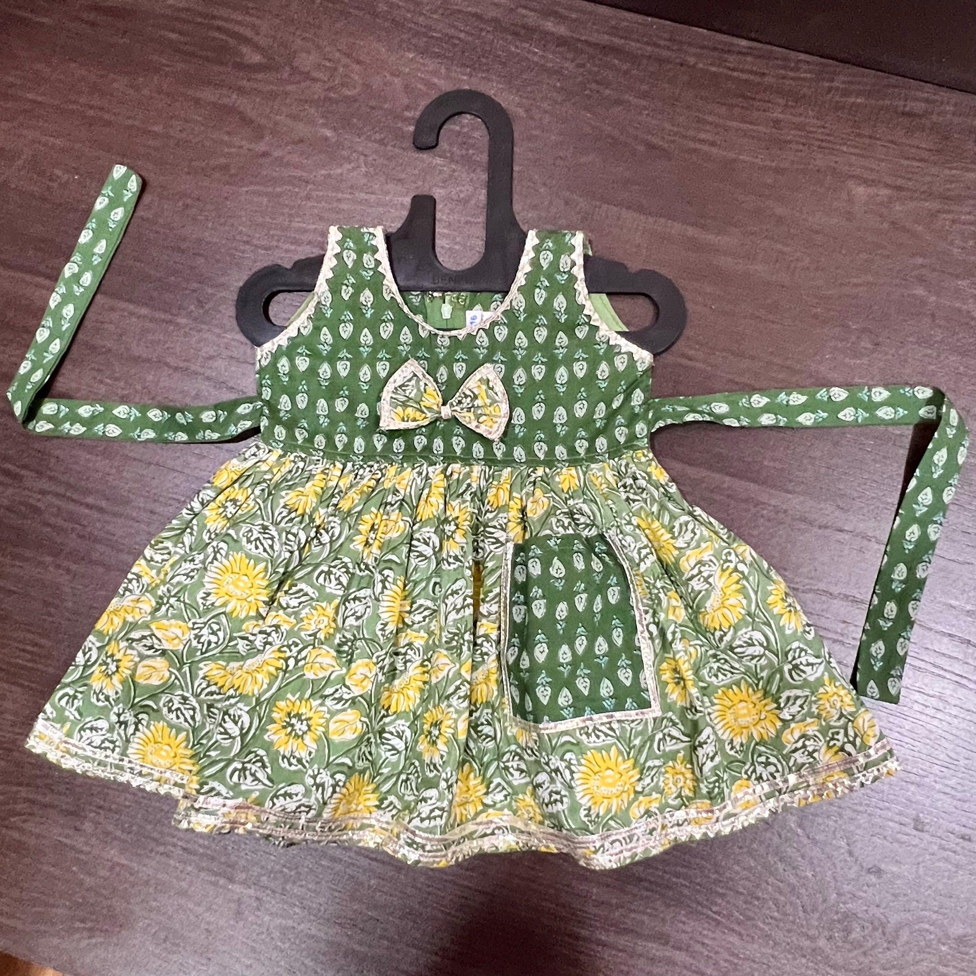 YELLOW & GREEN FLORAL COMBINATION JAIPURI COTTON FROCK - MEEMORA FROCKS