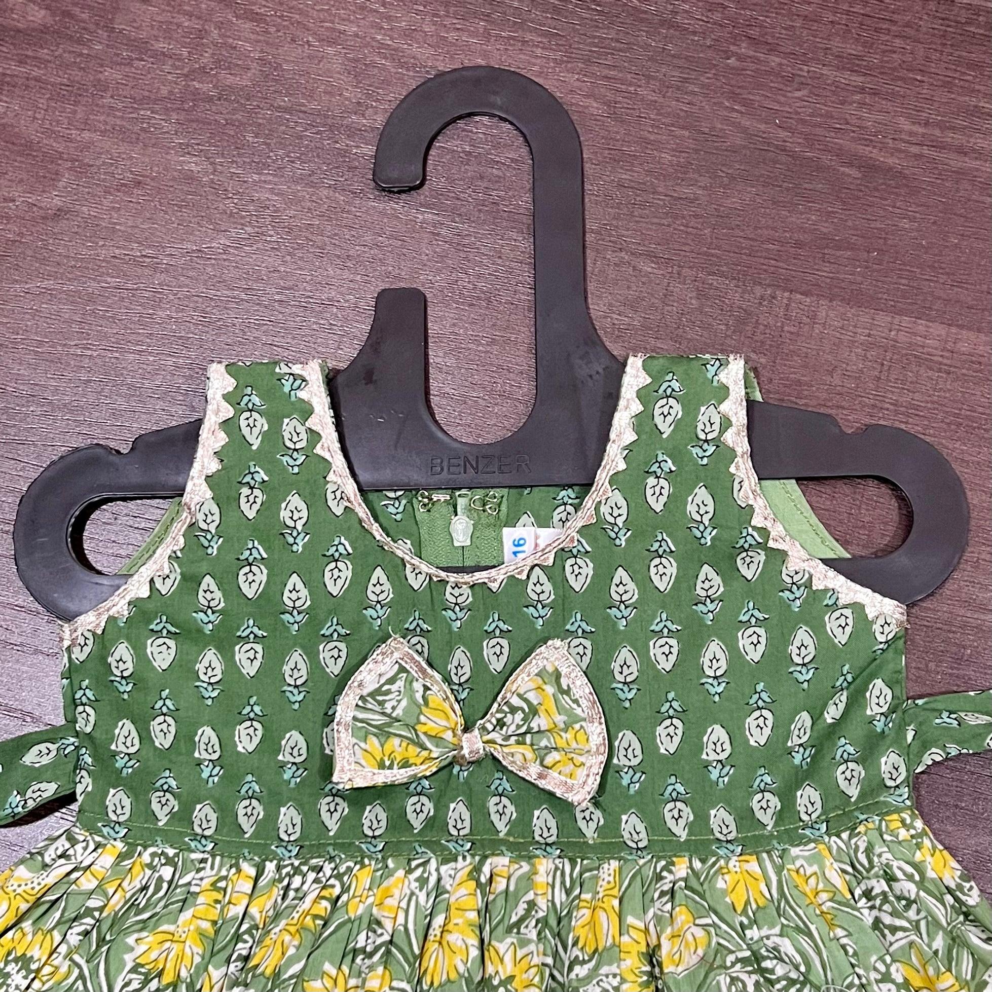 YELLOW & GREEN FLORAL COMBINATION JAIPURI COTTON FROCK - MEEMORA FROCKS