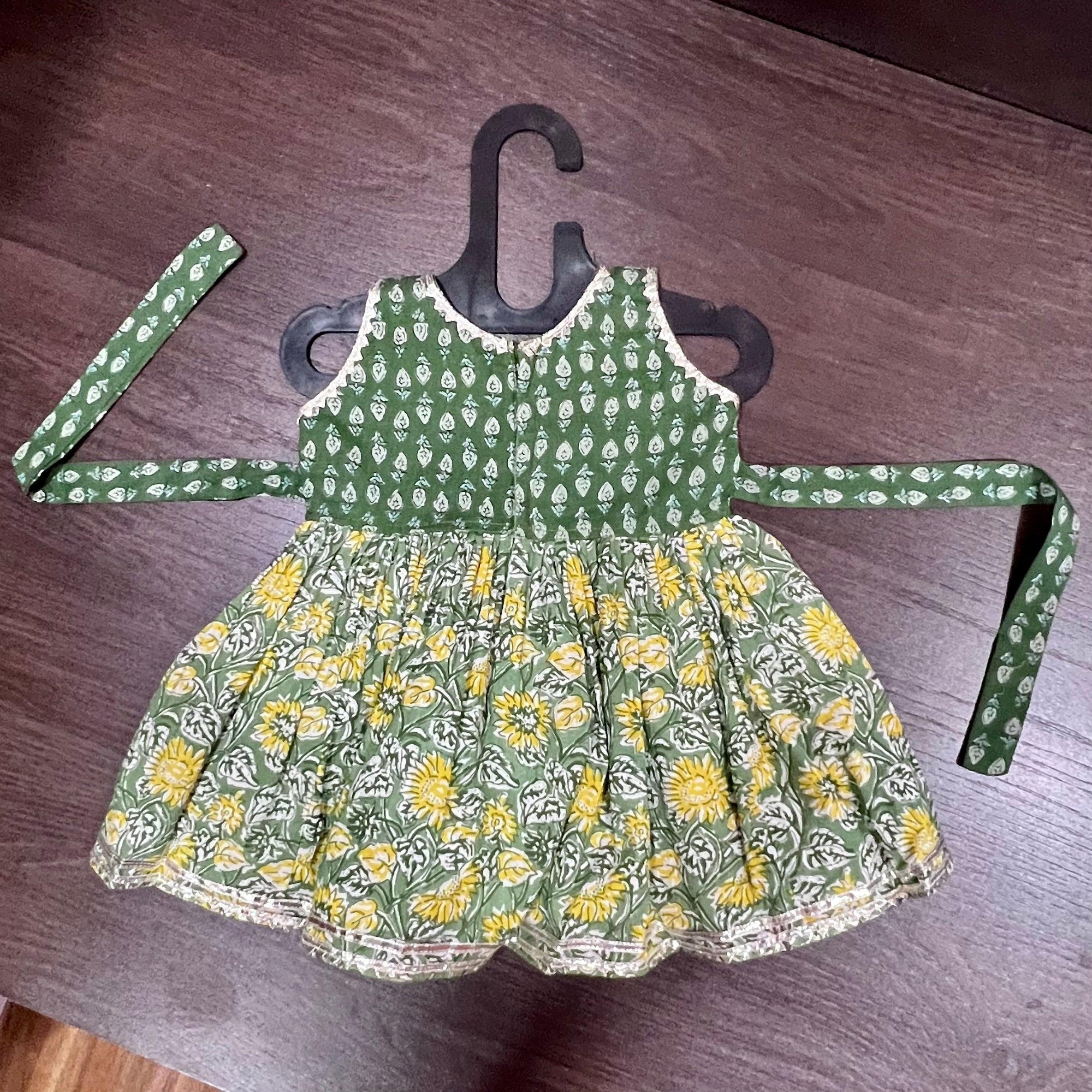 YELLOW & GREEN FLORAL COMBINATION JAIPURI COTTON FROCK - MEEMORA FROCKS