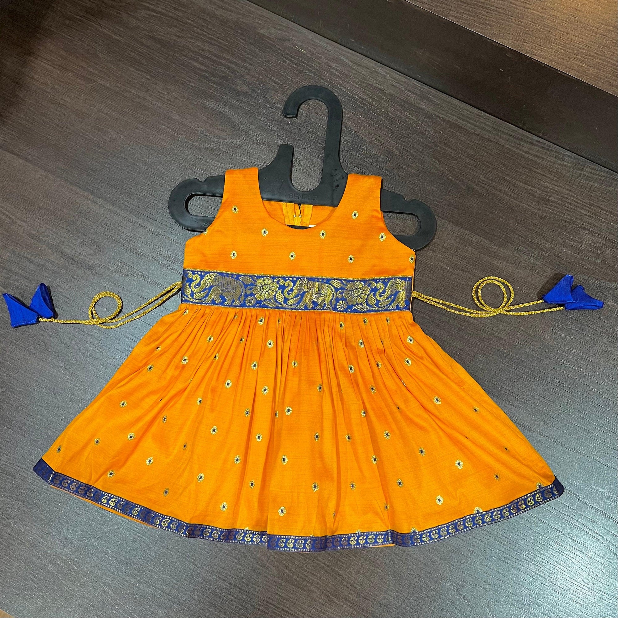 Mango Orange Sleeveless Royal Blue Border Silk Frock Dress - MEEMORA FROCKS