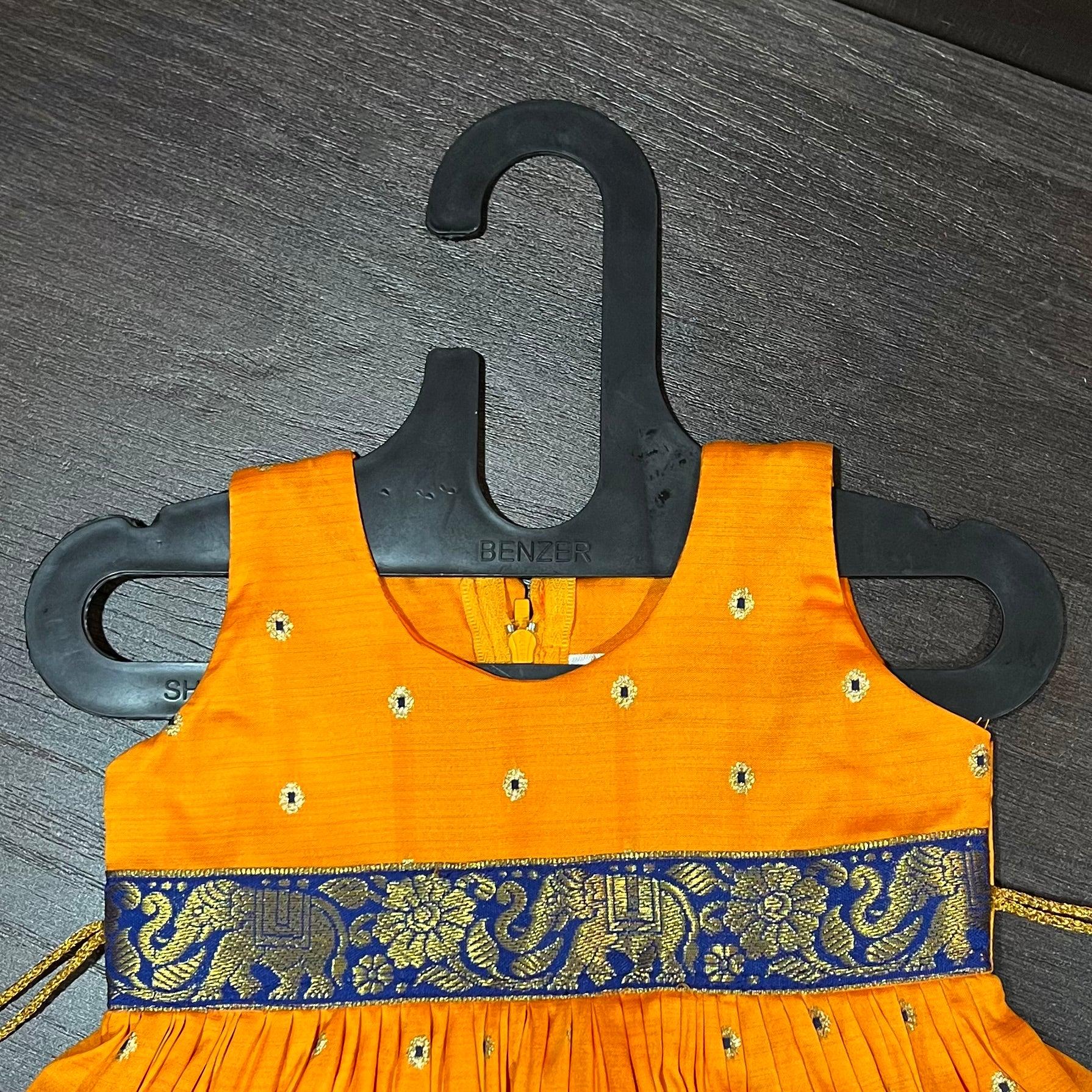 Mango Orange Sleeveless Royal Blue Border Silk Frock Dress - MEEMORA FROCKS
