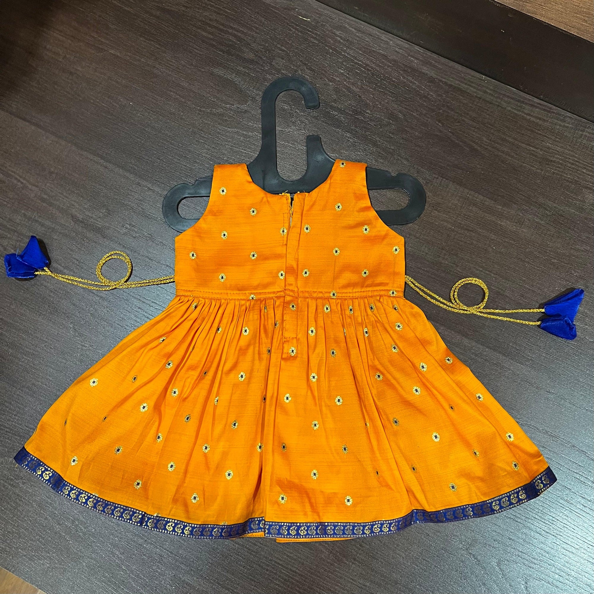 Mango Orange Sleeveless Royal Blue Border Silk Frock Dress - MEEMORA FROCKS