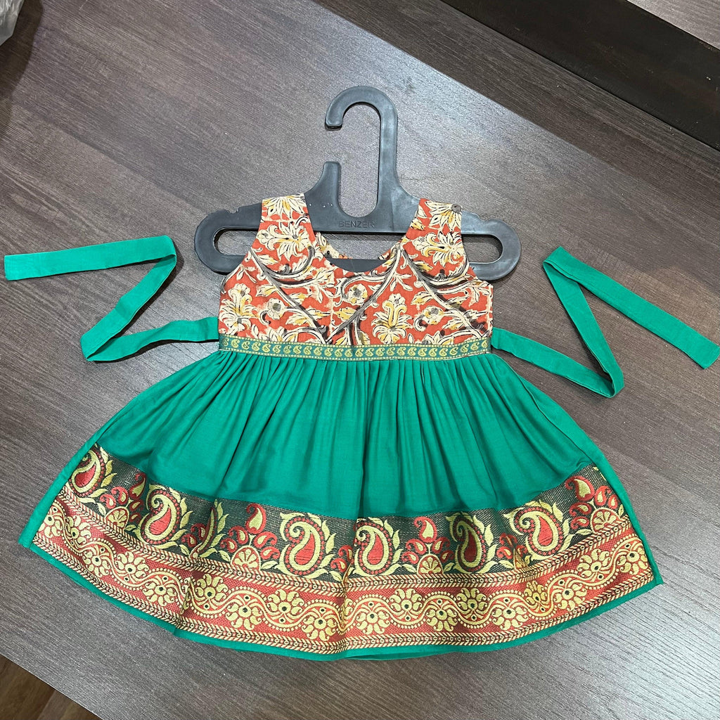 SEA GREEN COTTON BORDER & MAROON KALAMKARI COMBINATION FROCK DRESS - MEEMORA FROCKS