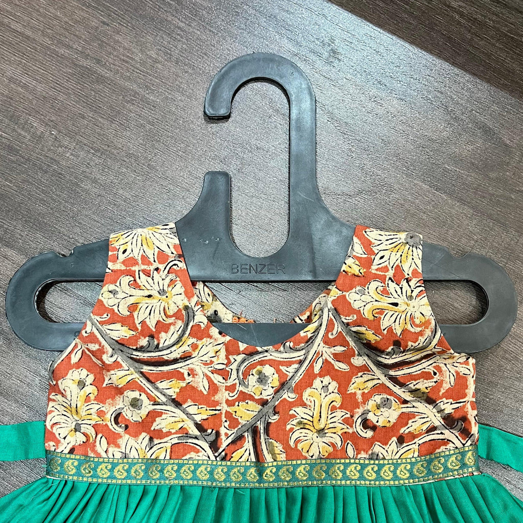 SEA GREEN COTTON BORDER & MAROON KALAMKARI COMBINATION FROCK DRESS - MEEMORA FROCKS