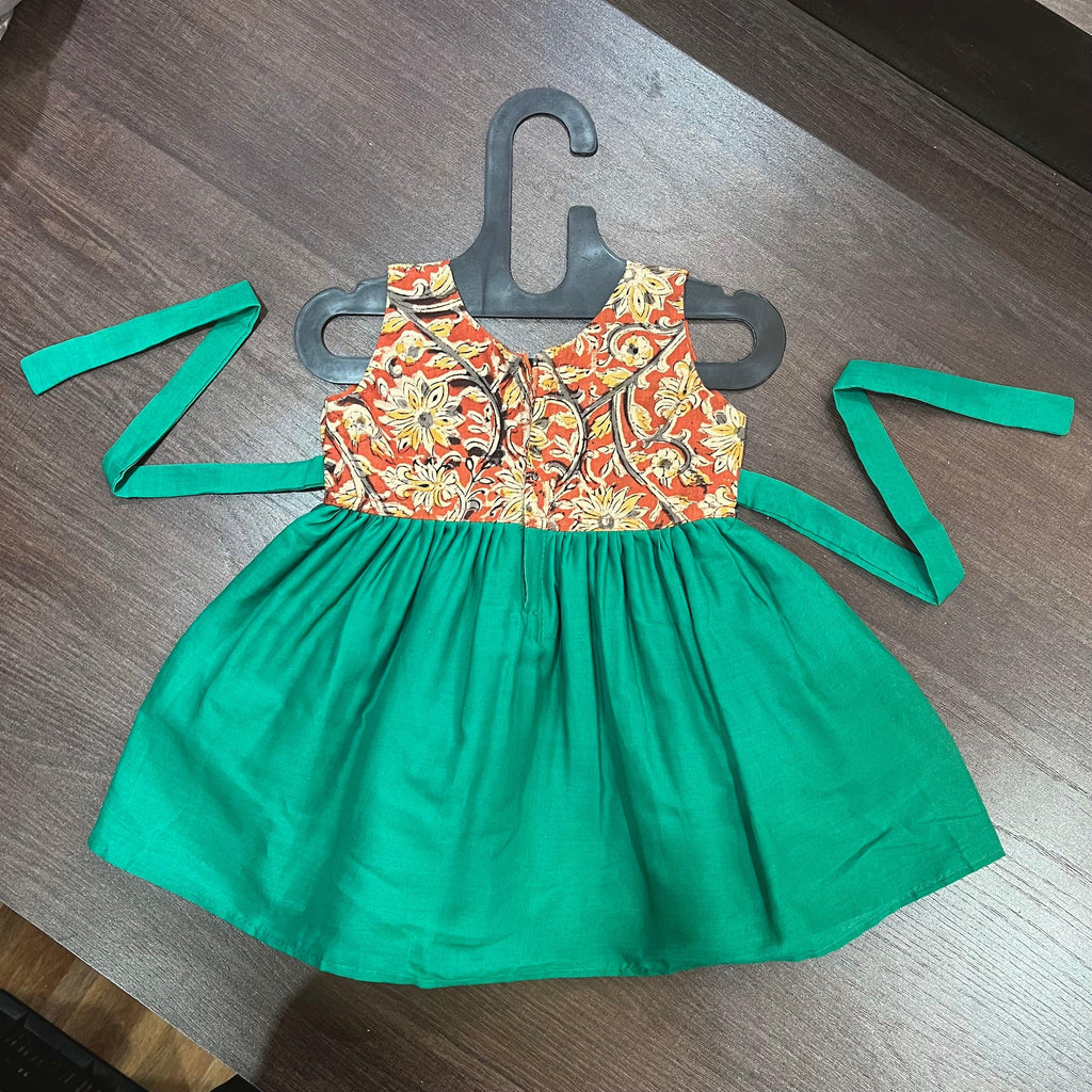 SEA GREEN COTTON BORDER & MAROON KALAMKARI COMBINATION FROCK DRESS - MEEMORA FROCKS