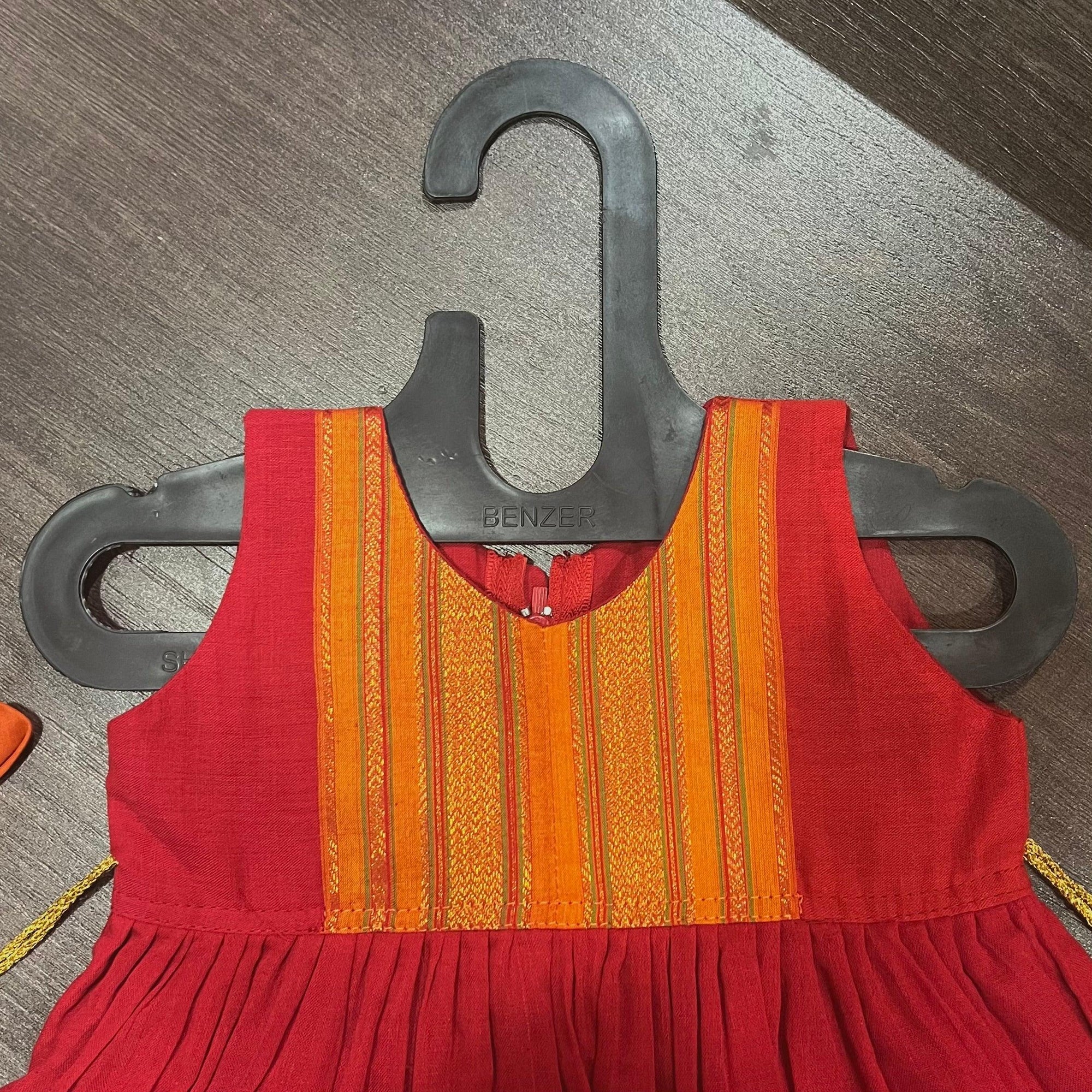 RED GOLDEN BORDER PATCH KNEE LENGTH FROCK DRESS - MEEMORA FROCKS