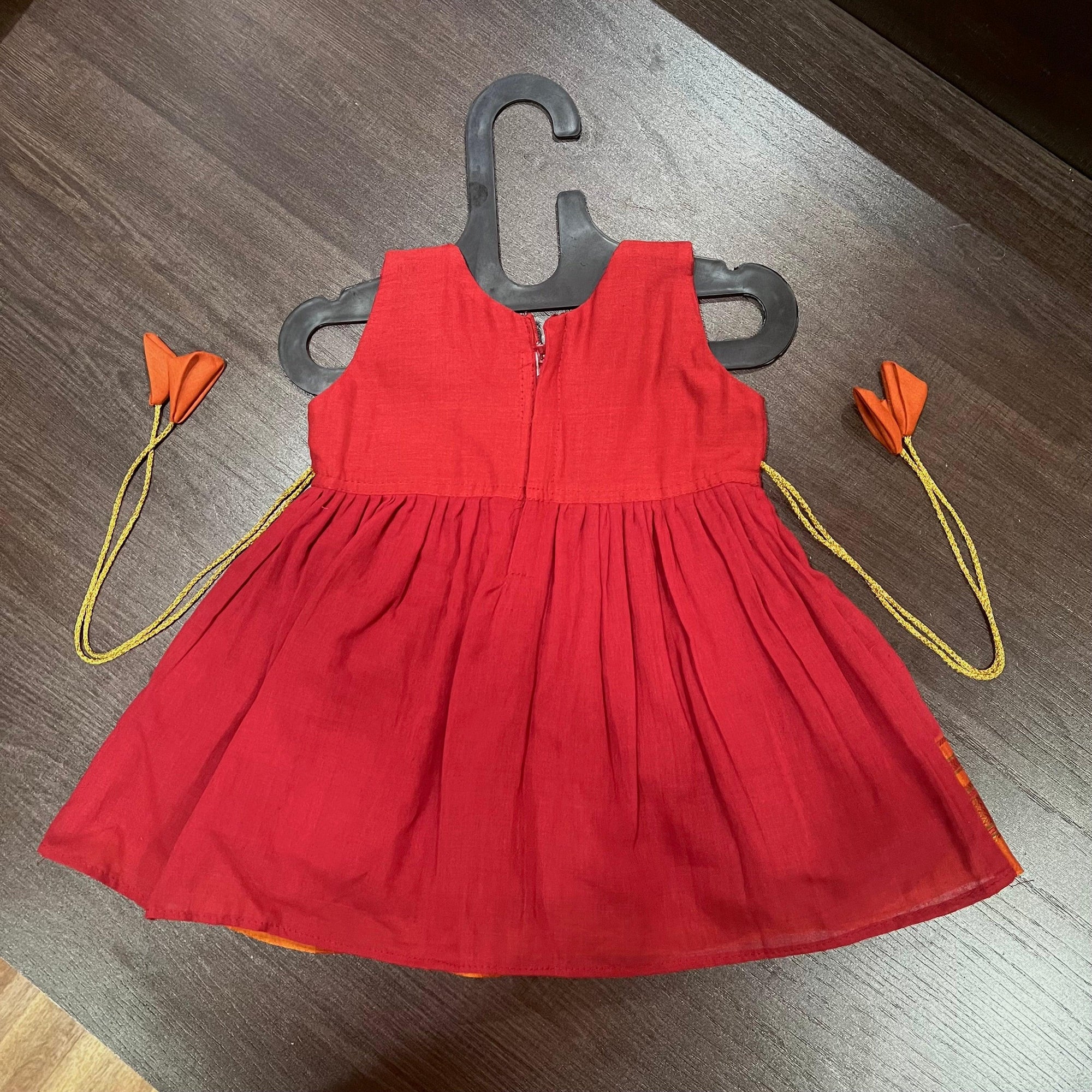 RED GOLDEN BORDER PATCH KNEE LENGTH FROCK DRESS - MEEMORA FROCKS