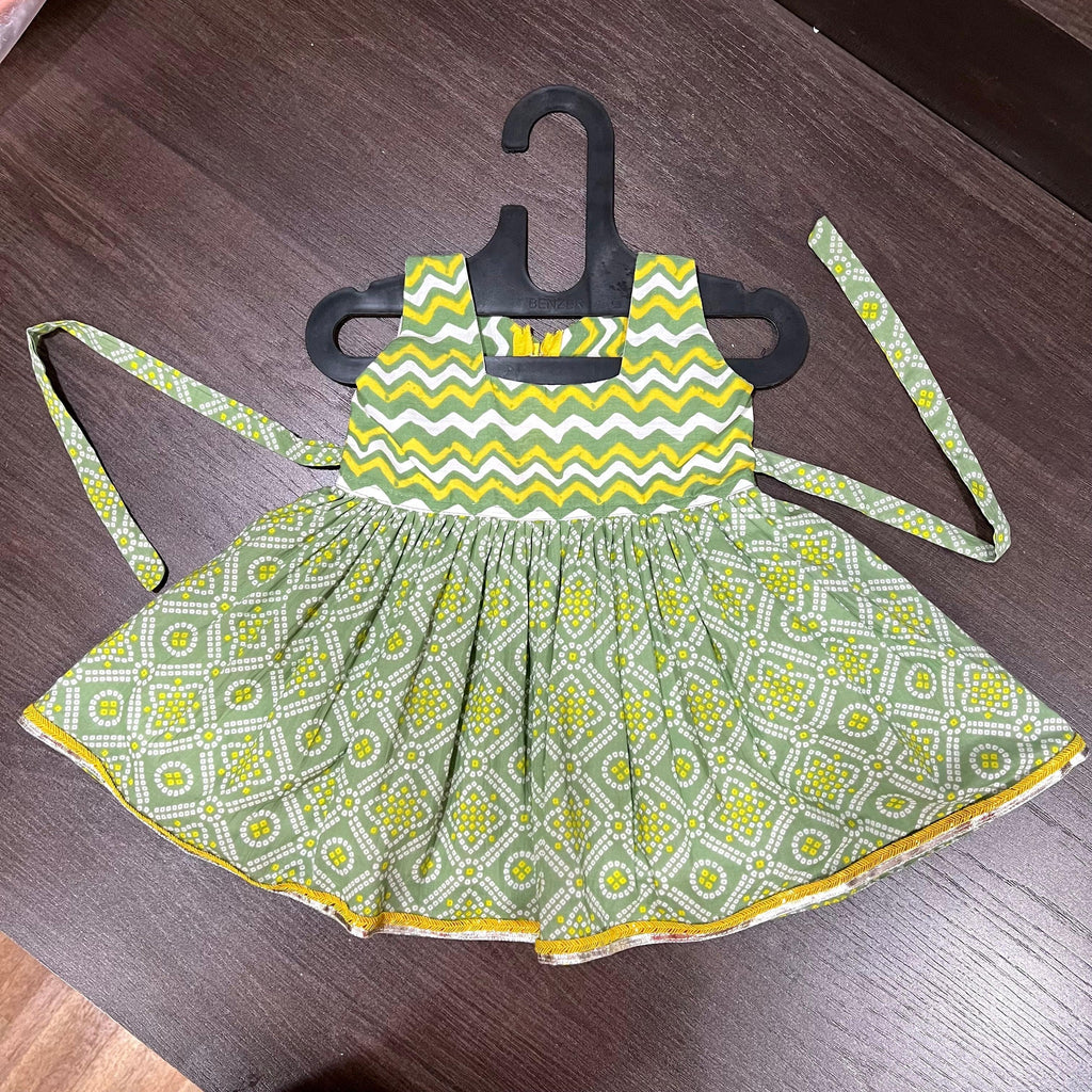 Yellow & Green Floral Zigzag Combination Jaipuri Cotton Frock - MEEMORA FROCKS