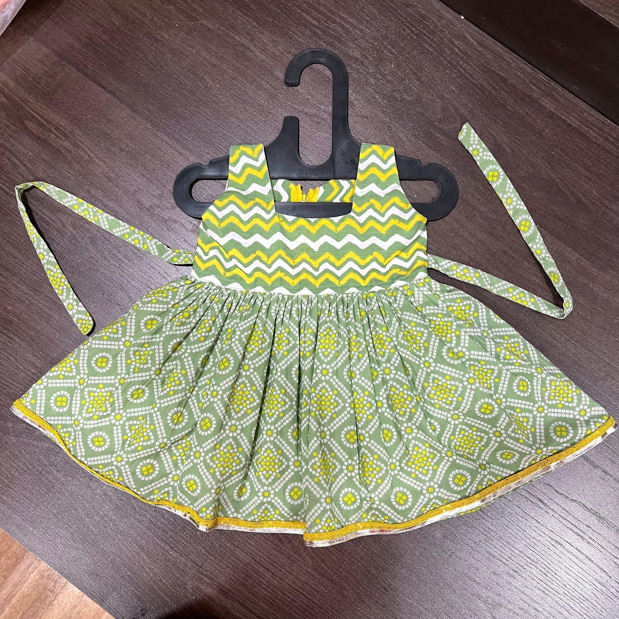 Yellow & Green Floral Zigzag Combination Jaipuri Cotton Frock - MEEMORA FROCKS