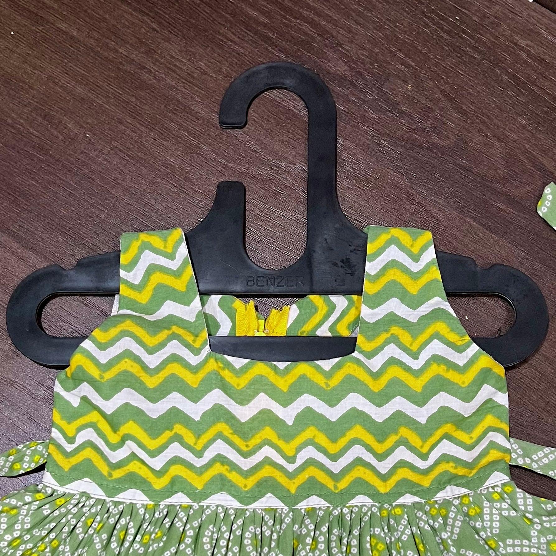 Yellow & Green Floral Zigzag Combination Jaipuri Cotton Frock - MEEMORA FROCKS