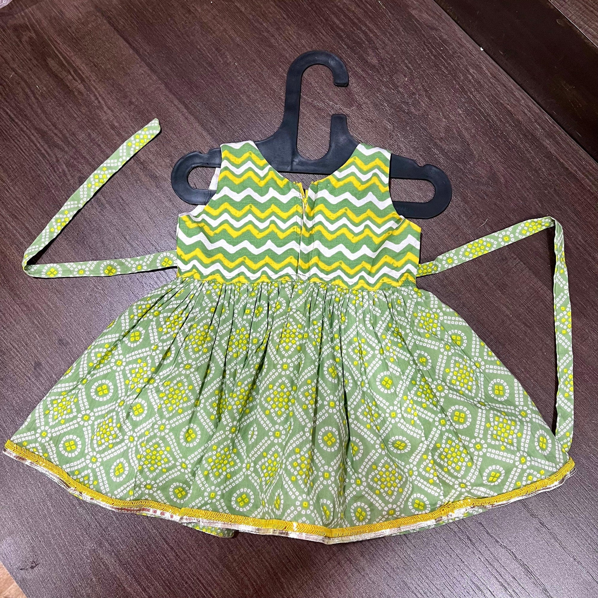 Yellow & Green Floral Zigzag Combination Jaipuri Cotton Frock - MEEMORA FROCKS