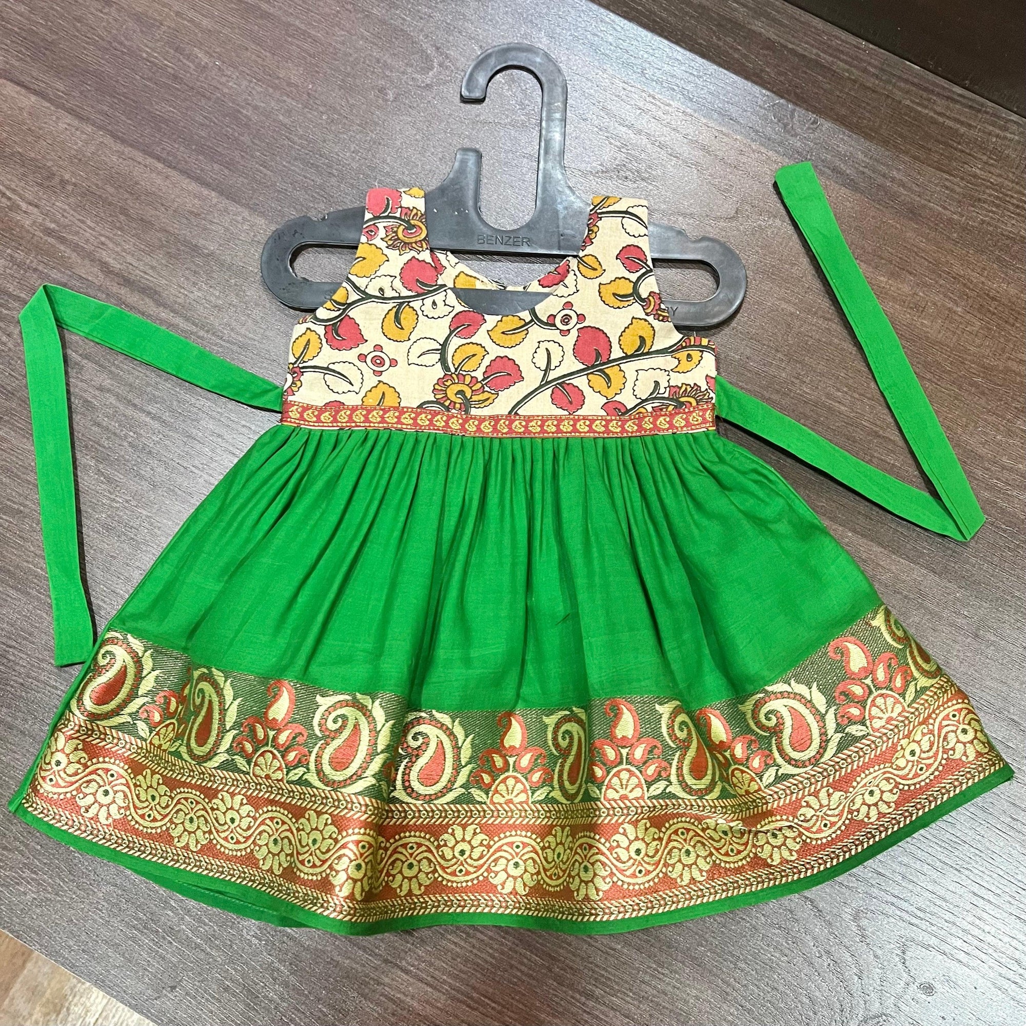 Parrot Green Cotton Border & Cream Floral Kalamkari Combination Frock Dress - MEEMORA FROCKS