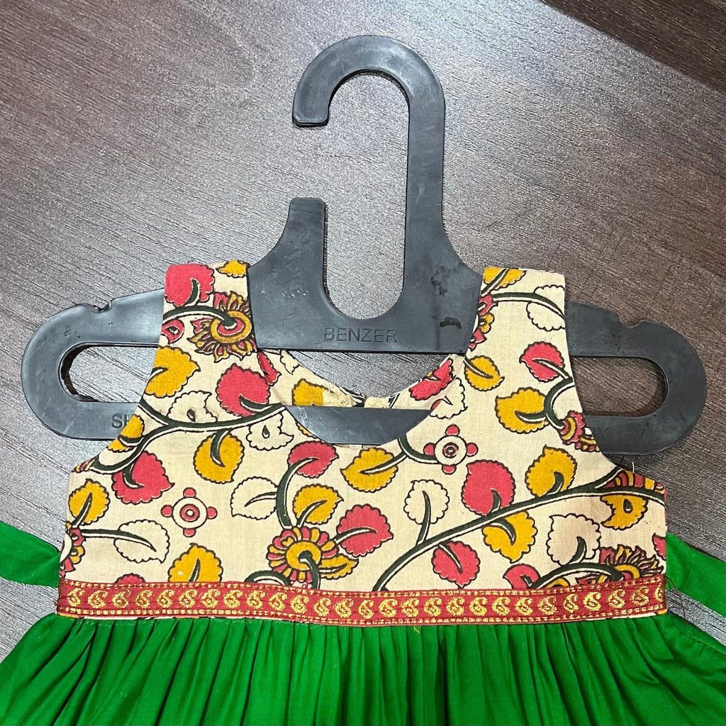 Parrot Green Cotton Border & Cream Floral Kalamkari Combination Frock Dress - MEEMORA FROCKS