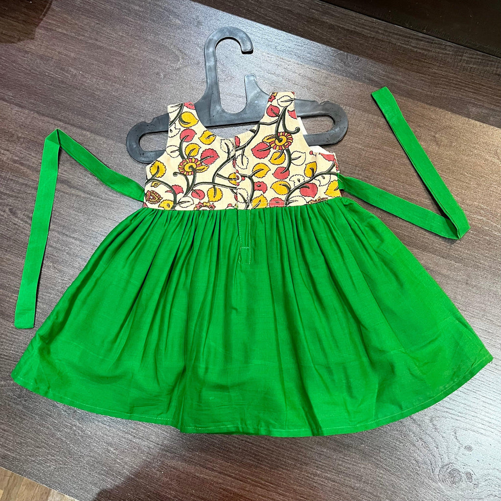 Parrot Green Cotton Border & Cream Floral Kalamkari Combination Frock Dress - MEEMORA FROCKS
